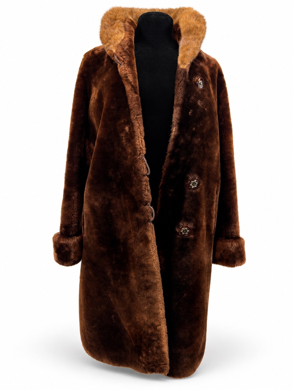 Vintage Chocolate Brown Plush Long Coat Real Fur Trim Collar Mob Wife M/L Winter